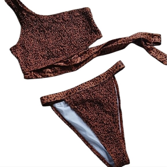 Missguided Tall High Leg Bikini Wrap Tie Style Crinkle Set Animal Print Size 6 - Picture 8 of 14